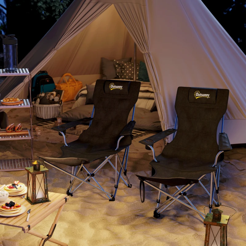 Outsunny Set of 2 Reclining Camping Chair with Foot Rest, Folding Camping Chair w/ Headrest, Cup Holder, Storage Bag, Black