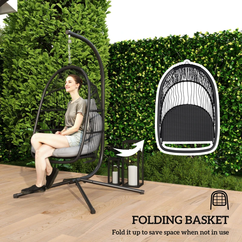 Outsunny Wicker Egg Swing Chair with Stand, Foldable Hanging Egg Chair with UV Resistant Cushion, Headrest, Dark Grey