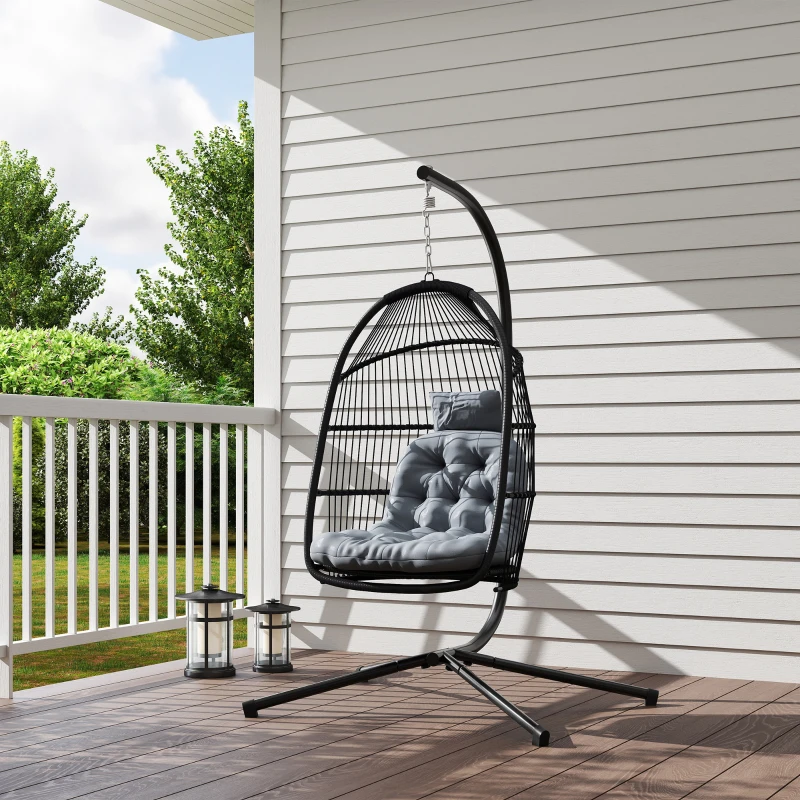 Outsunny Wicker Egg Swing Chair with Stand, Foldable Hanging Egg Chair with UV Resistant Cushion, Headrest, Dark Grey