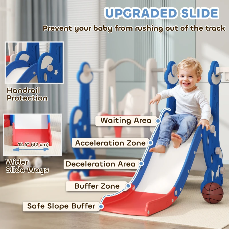 Qaba 4-in-1 Slide and Swing Set with Basketball Hoop, Climber, for Ages 1.5-4 Boys Girls Toddler, Rocket Themed, Dark Blue