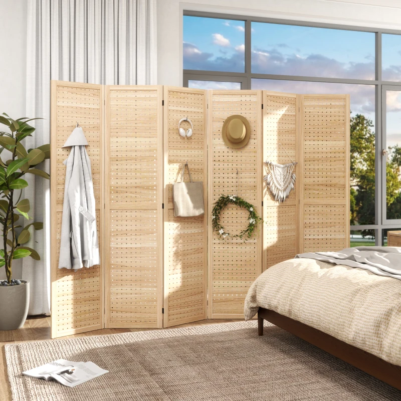 HOMCOM 6 Panel Room Divider w/ Hook Holes, Folding Privacy Screen, Natural