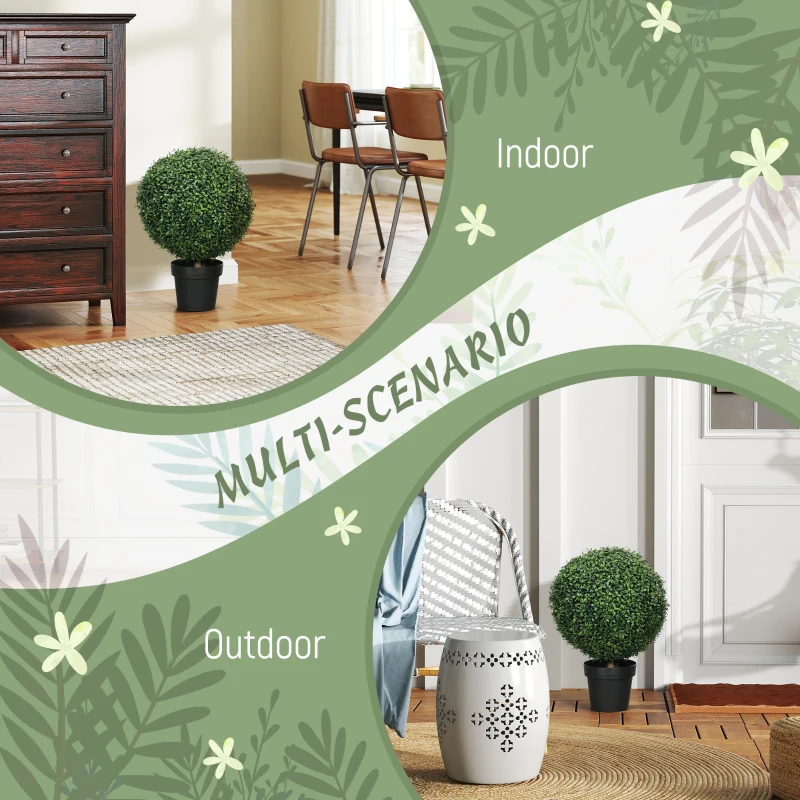 HOMCOM Set of 2 Artificial Ball Boxwood Topiary Trees, Fake Plants in Pot for Indoor Outdoor Living Room Green