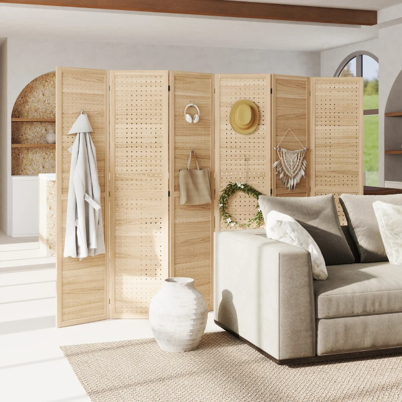 HOMCOM 6 Panel Room Divider w/ Hook Holes, Folding Privacy Screen, Natural