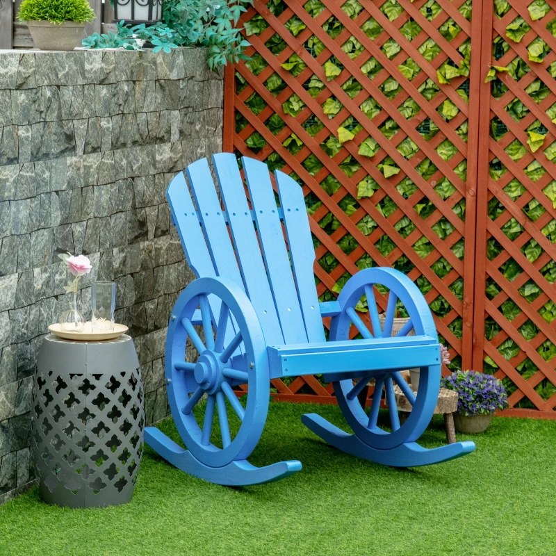 Outsunny Rustic Wood Adirondack Rocking Patio Chair w/ Slatted Design, Wheel Armrests, Blue