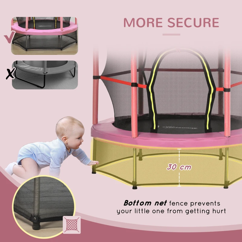 Outsunny 55" Kids Trampoline with Enclosure Net for Indoor/Outdoor, Trampoline for Boys and Girls Age 3-6 Years, Pink