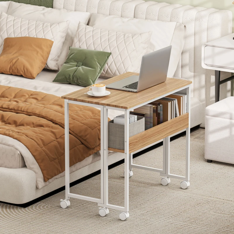 HOMCOM Folding Computer Desk, Foldable Desk with Storage Bag, Shelf and Wheels for Small Spaces, Home Office, Natural Wood