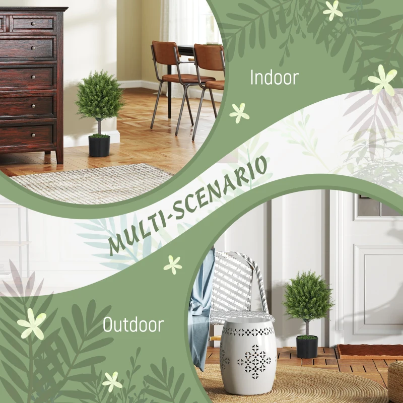 HOMCOM Set of 2 Decorative Artificial Plants, Cedar Topiary Trees in Pots, Fake Plants for Home Indoor outdoor Decor