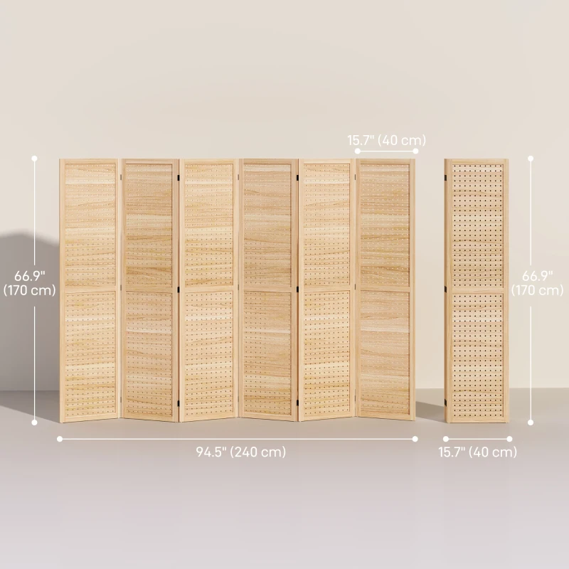 HOMCOM 5.6 Ft. Tall 6-Panel Room Divider, Pegboard Panel Freestanding Folding Privacy Screen Panels, Partition Wall Divider for Indoor Bedroom Office, Natural