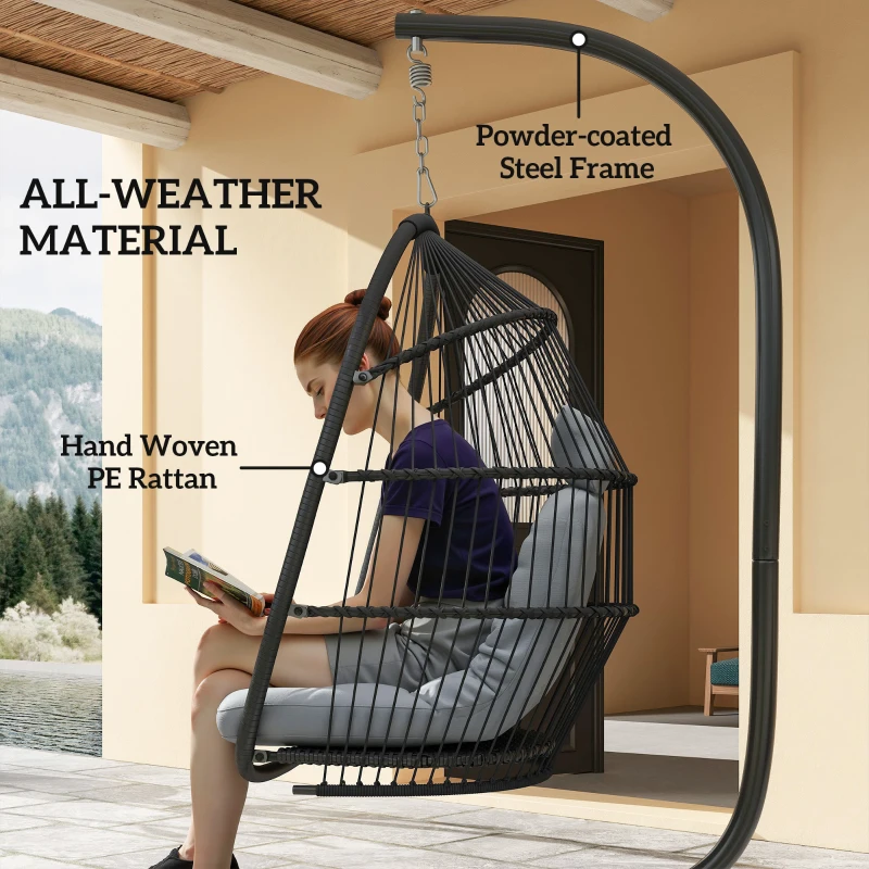 Outsunny Wicker Egg Swing Chair with Stand, Foldable Hanging Egg Chair with UV Resistant Cushion, Headrest, Dark Grey