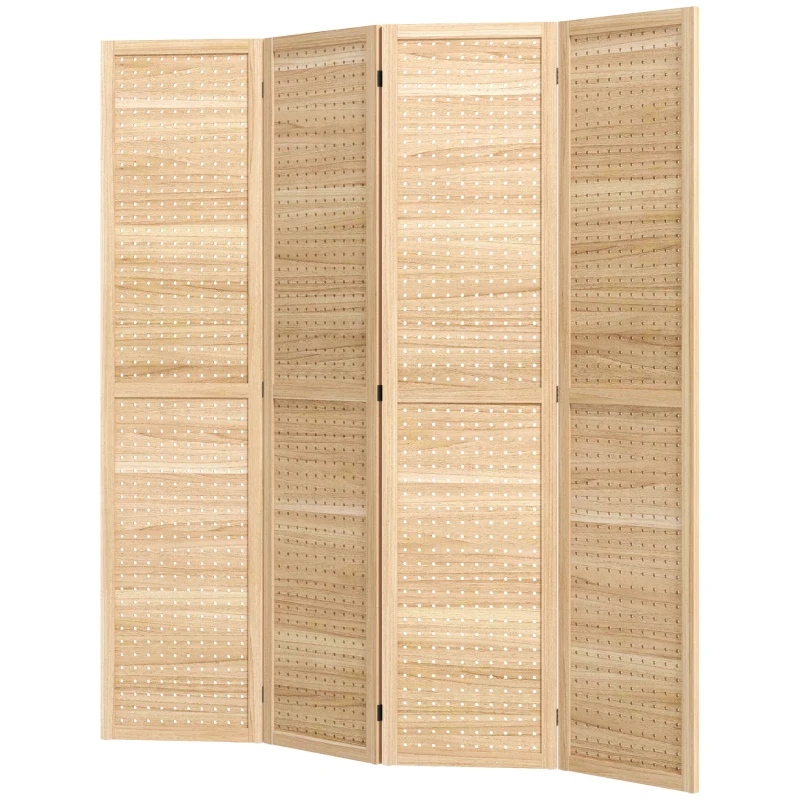 HOMCOM 5.6 Ft. Tall 4-Panel Room Divider, Pegboard Panel Freestanding Folding Privacy Screen Panels, Partition Wall Divider for Indoor Bedroom Office, Natural