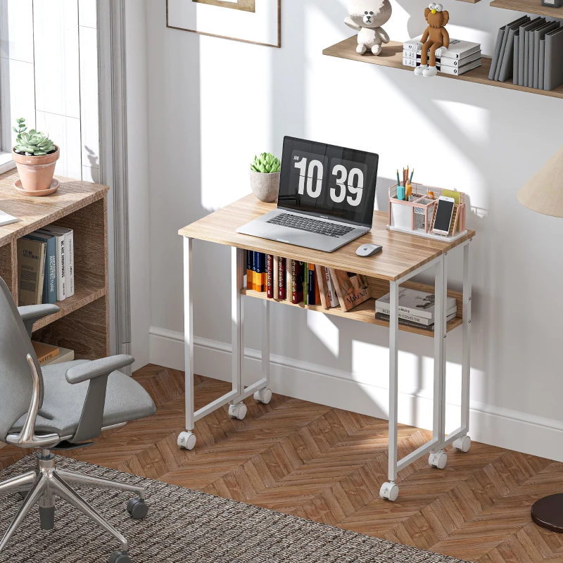 HOMCOM Folding Computer Desk, Foldable Desk with Storage Bag, Shelf and Wheels for Small Spaces, Home Office, Natural Wood