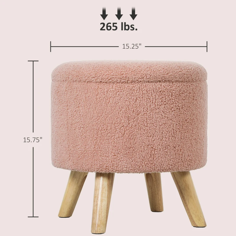 HOMCOM Round Ottoman Stool with Storage, Linen Upholstered Foot Stool with Padded Seat, Hidden Space and Wood Legs, Pink