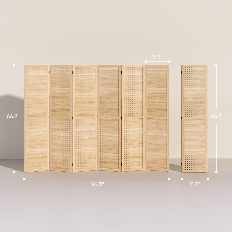 HOMCOM 6 Panel Room Divider w/ Hook Holes, Folding Privacy Screen, Natural