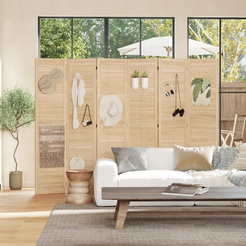 HOMCOM 6 Panel Room Divider w/ Hook Holes, Folding Privacy Screen, Natural