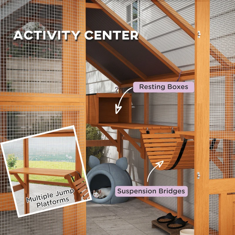 PawHut Outdoor Cat Enclosure Wooden Feral Cat House w/ Weatherproof Canopy, Bridges, Resting Boxes, Platforms, for 3-6 Cats