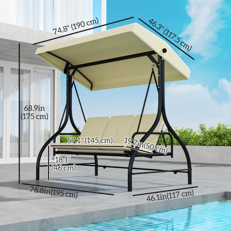 Outsunny Convertible Patio Swing Bed with Canopy and Cushions, 3 Seater Porch Swing for Outdoor, Backyard, Garden, Beige
