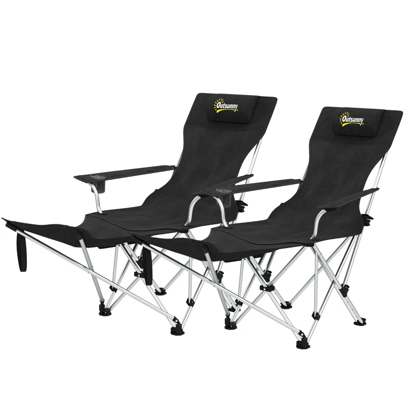 Outsunny Set of 2 Reclining Camping Chair with Foot Rest, Folding Camping Chair w/ Headrest, Cup Holder, Storage Bag, Black