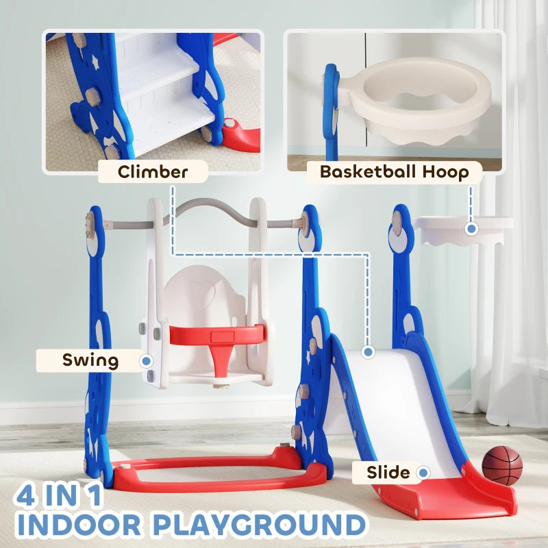 Qaba 4-in-1 Slide and Swing Set with Basketball Hoop, Climber, for Ages 1.5-4 Boys Girls Toddler, Rocket Themed, Dark Blue