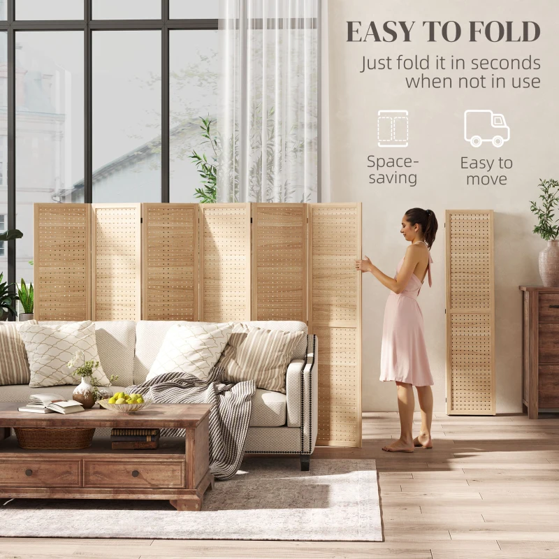 HOMCOM 6 Panel Room Divider w/ Hook Holes, Folding Privacy Screen, Natural