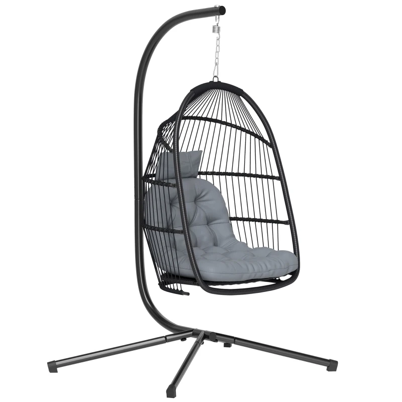Outsunny Wicker Egg Swing Chair with Stand, Foldable Hanging Egg Chair with UV Resistant Cushion, Headrest, Dark Grey