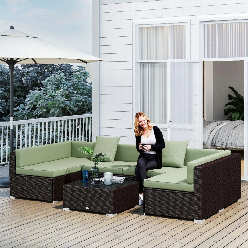 Outsunny 7 Pieces Outdoor Rattan Furniture Set, Patio Wicker Sectional Conversation Sofa Set, Light Green