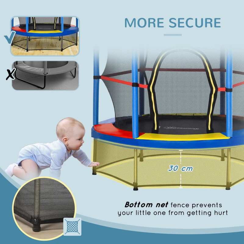 Outsunny 55" Kids Trampoline with Enclosure Net for Indoor/Outdoor, Trampoline for Boys and Girls Age 3-6 Years, Multi-Coloured