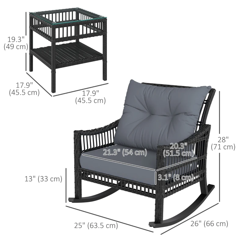 Outsunny 3 Pieces Outdoor PE Rattan Rocker Chair Set, Rocking Chair with Tempered Glass Table Top,25"x26"x28", Grey