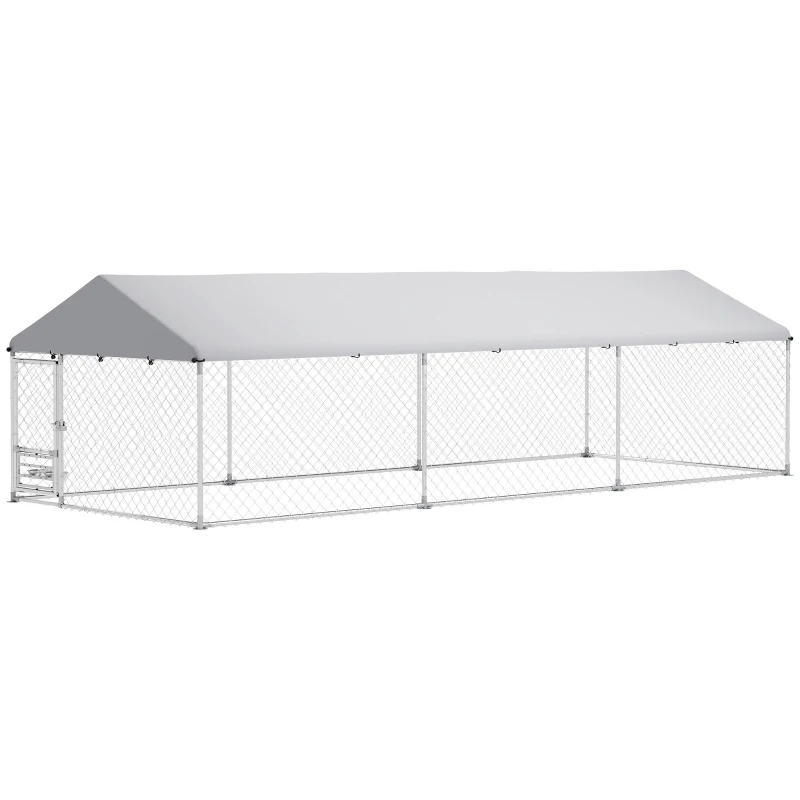 PawHut Outdoor Dog Run w/ Adjustable & Rotating Bowls, Waterproof UV-Resistant Cover, Secure Lock, 19.7' x 7.5' x 5.2'