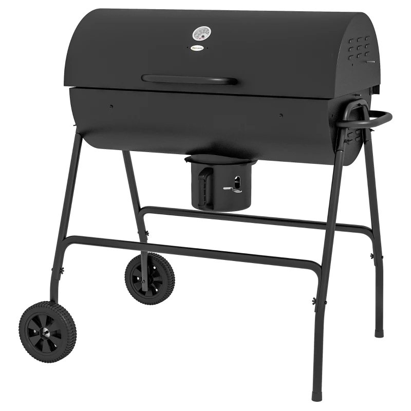 Outsunny Barrel Charcoal BBQ Grill, Barbecue with 420 sq.in. Cooking Area, Wheels, Ash Catcher, Black