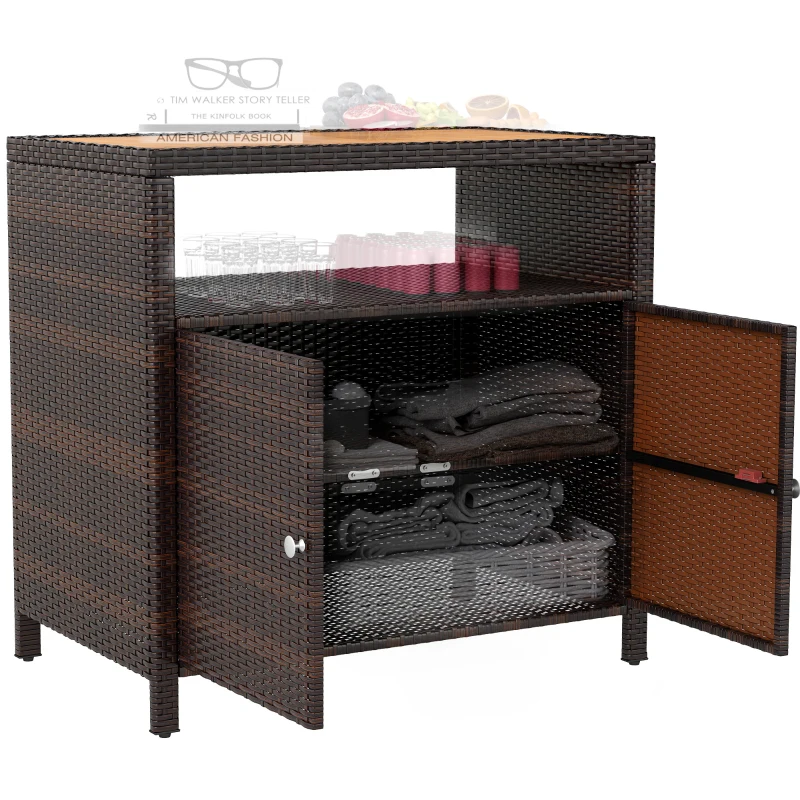 Outsunny Outdoor Storage Cabinet with Acacia Wood Top, Two Doors, Shelf, Wicker Bar Table for Pool Towel Storage, Brown
