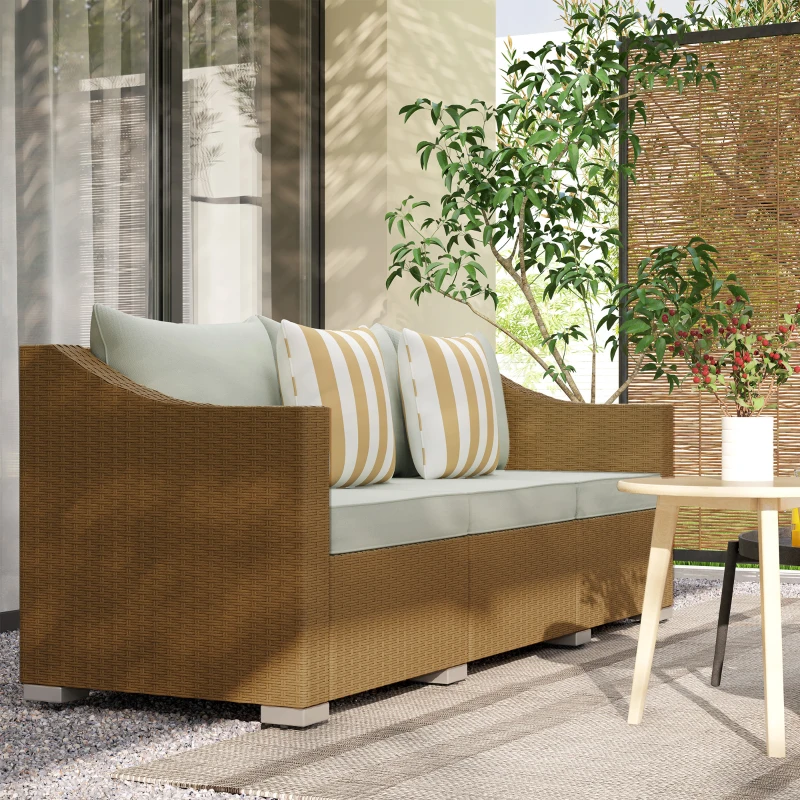 Outsunny Rattan Wicker 3 Seater Patio Couch with Cushions, 2 Throw Pillows, Outdoor Furniture Rattan Sofa, Light Gray