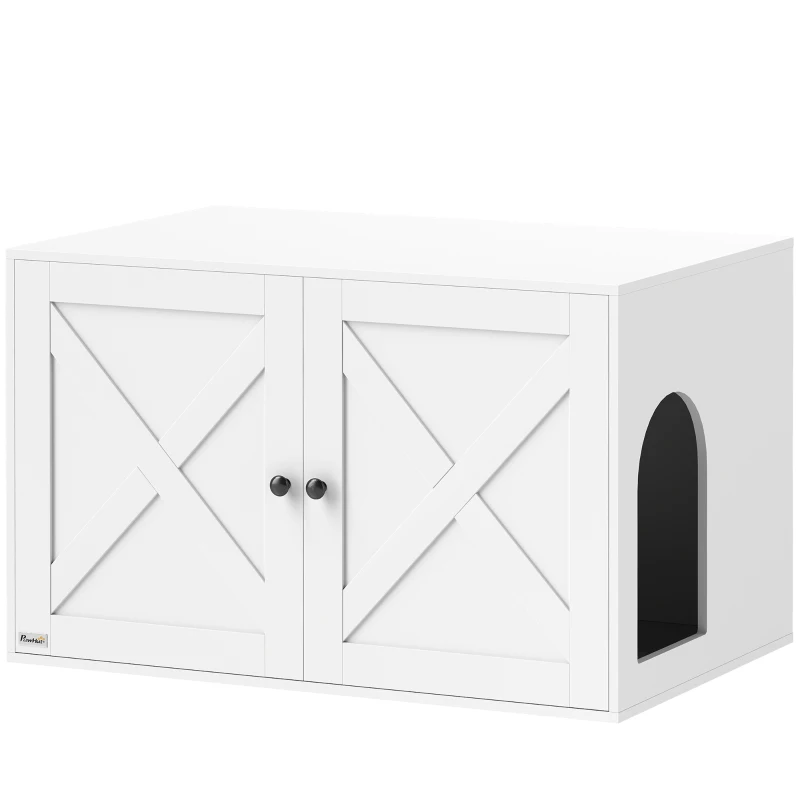 PawHut Cat Litter Box Enclosure with Barn Door, Cat Hole, 31.5" x 21" x 20", White