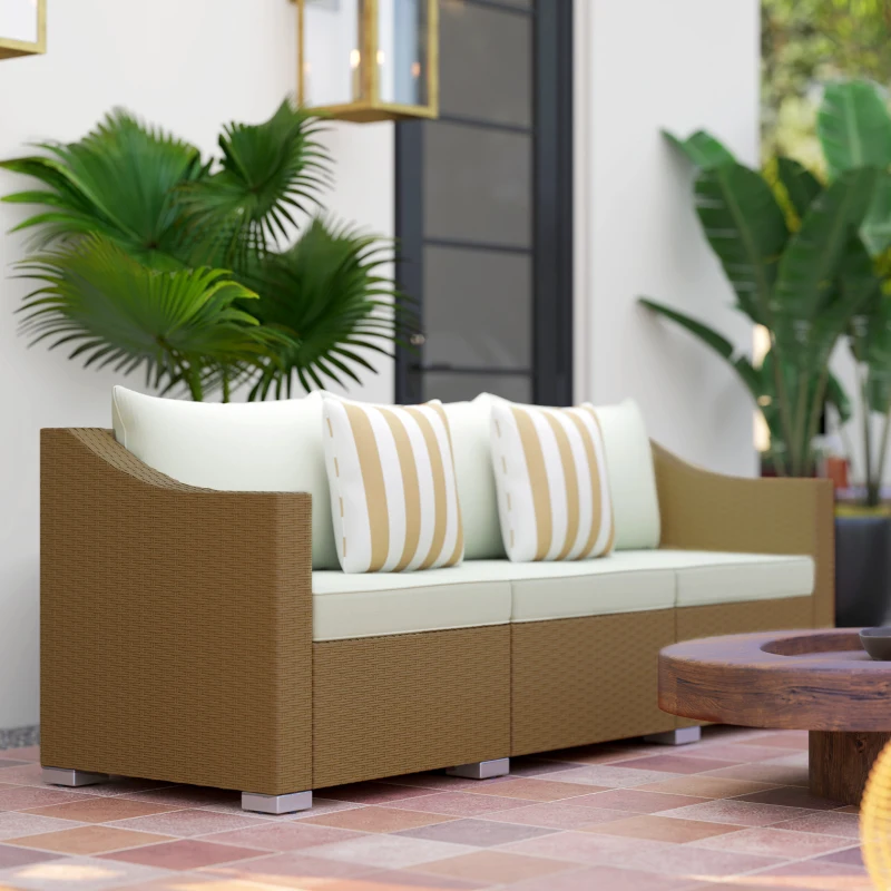 Outsunny Rattan Wicker 3 Seater Patio Couch with Cushions, 2 Throw Pillows, Outdoor Furniture Rattan Sofa, Light Gray