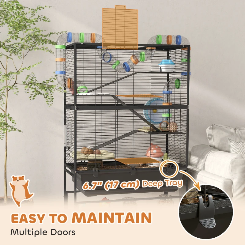 PawHut 5 Tier Rolling Hamster Cage with 7" Deep Tray, Storage Shelf, Big Exercise Wheel, Tube System, for Syrian, Gerbil, Rat