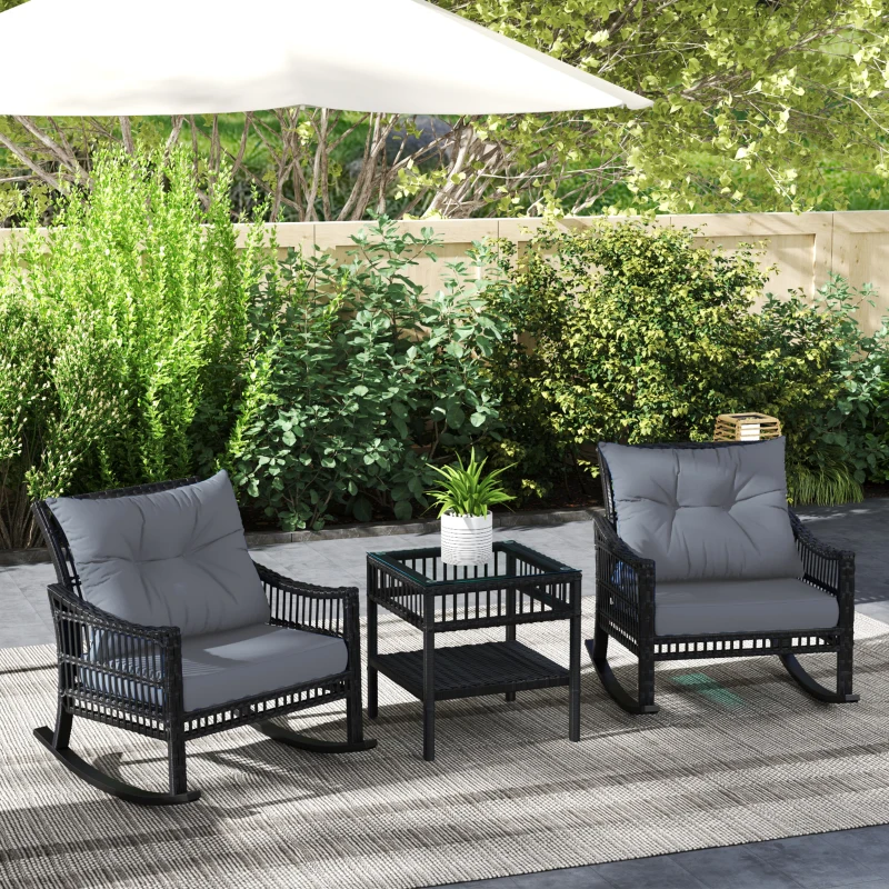 Outsunny 3 Pieces Outdoor PE Rattan Rocker Chair Set, Rocking Chair with Tempered Glass Table Top,25"x26"x28", Grey