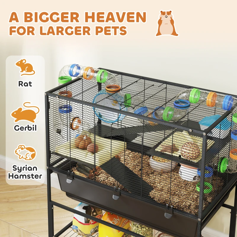 PawHut 3 Tier Hamster Cage, Rolling Rat Cage with Deep Tray, Storage Shelf, Big Exercise Wheel, Hut, Tube System