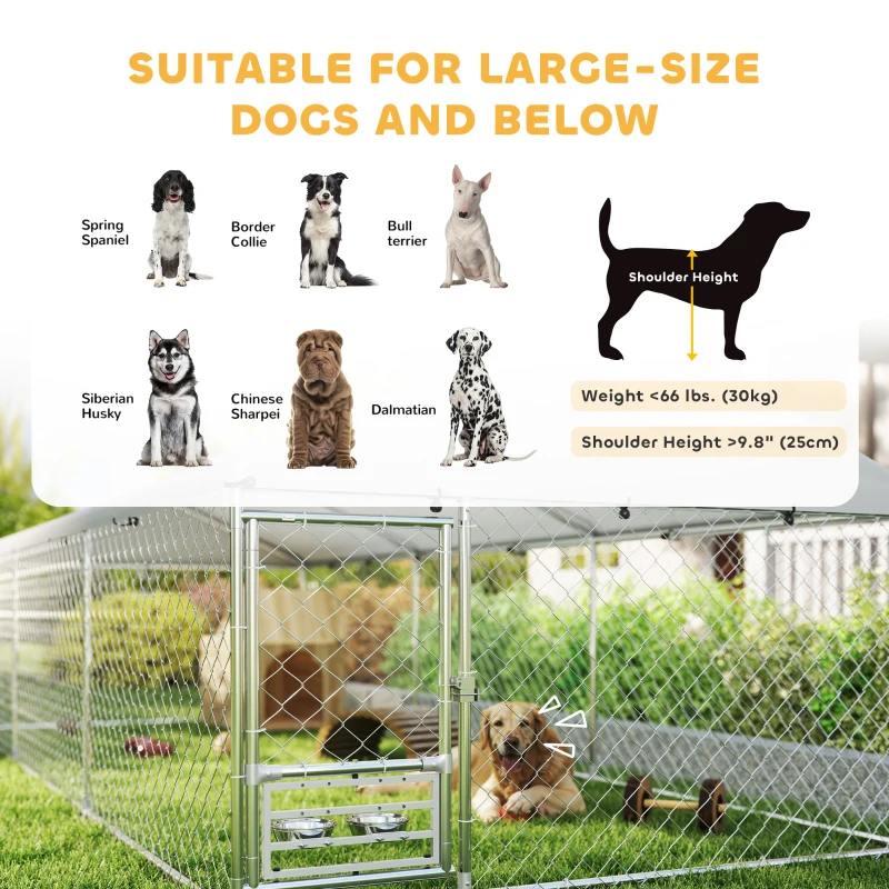 PawHut Outdoor Dog Run w/ Adjustable & Rotating Bowls, Waterproof UV-Resistant Cover, Secure Lock, 19.7' x 7.5' x 5.2'