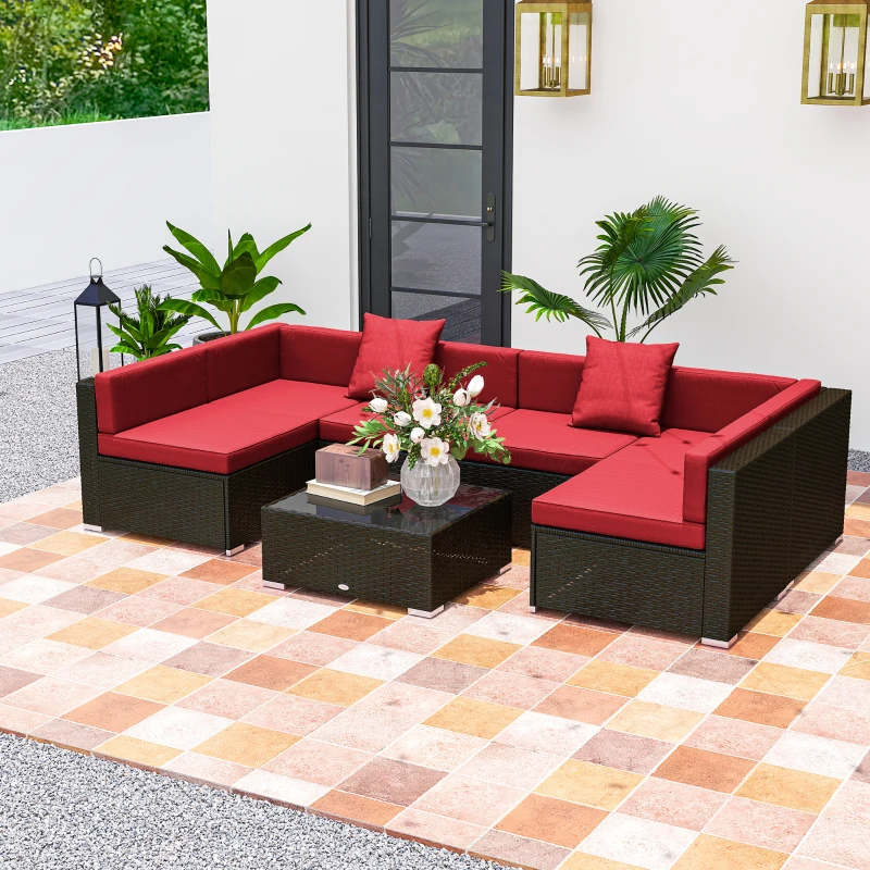 Outsunny 7 Pieces Garden Wicker Sectional Set,  Patio Wicker Sectional Conversation Sofa Set, Wine Red