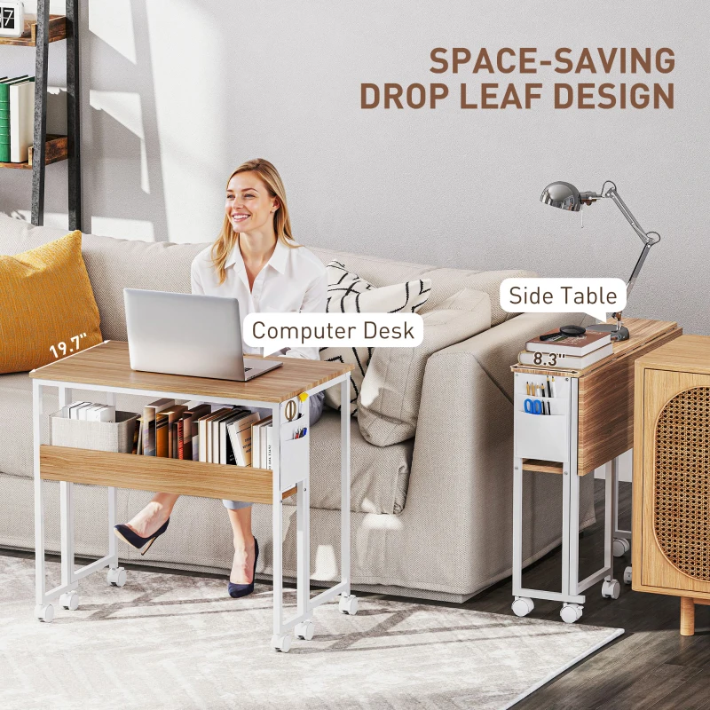 HOMCOM Folding Computer Desk, Foldable Desk with Storage Bag, Shelf and Wheels for Small Spaces, Home Office, Natural Wood