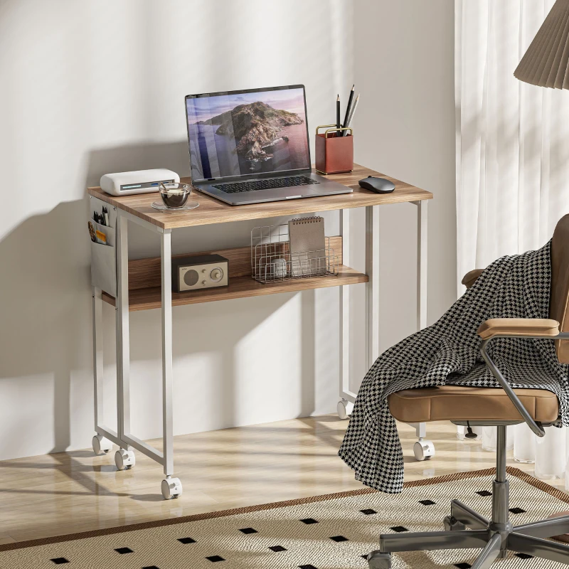 HOMCOM Folding Computer Desk, Foldable Desk with Storage Bag, Shelf and Wheels for Small Spaces, Home Office, Natural Wood