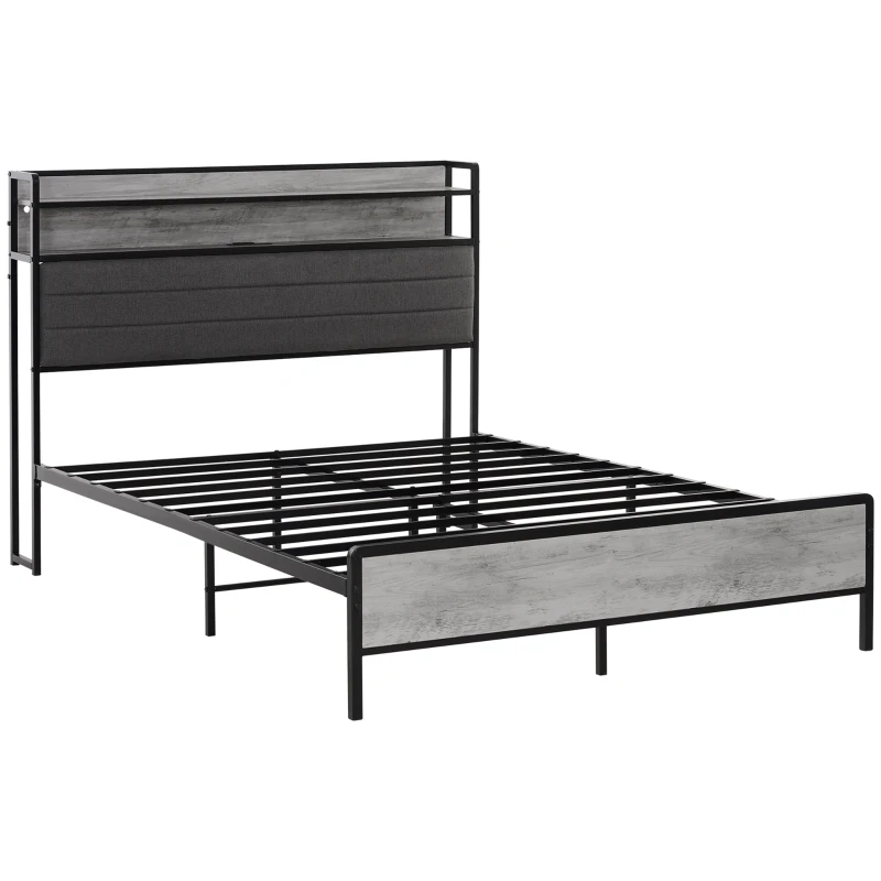 HOMCOM Queen Size Bed Frame with Storage Upholstered Headboard, Queen Bed Frame with LED Lights, Charging Station, Cement Gray