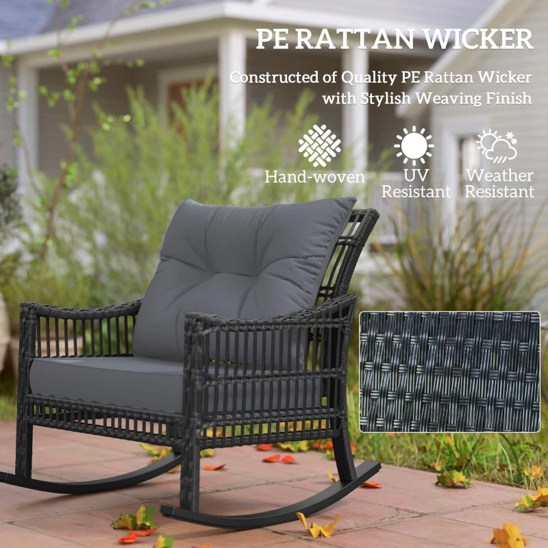 Outsunny 3 Pieces Outdoor PE Rattan Rocker Chair Set, Rocking Chair with Tempered Glass Table Top,25"x26"x28", Grey