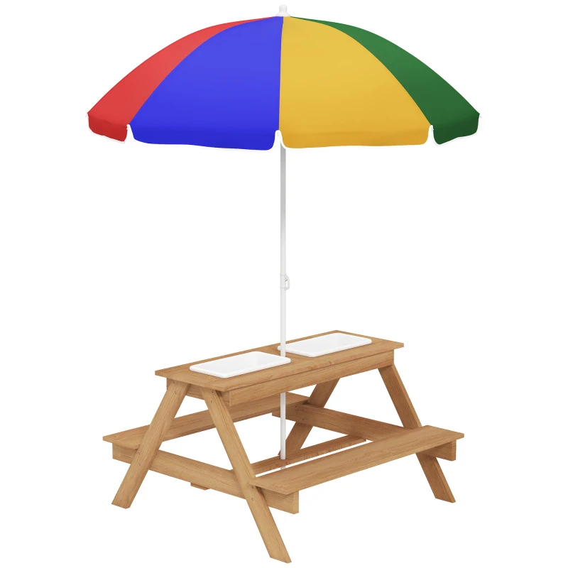Qaba Wooden Outdoor Kids Picnic Table with Removable Umbrella, Children Sand and Water Activity Table for Patio, Mixed Color