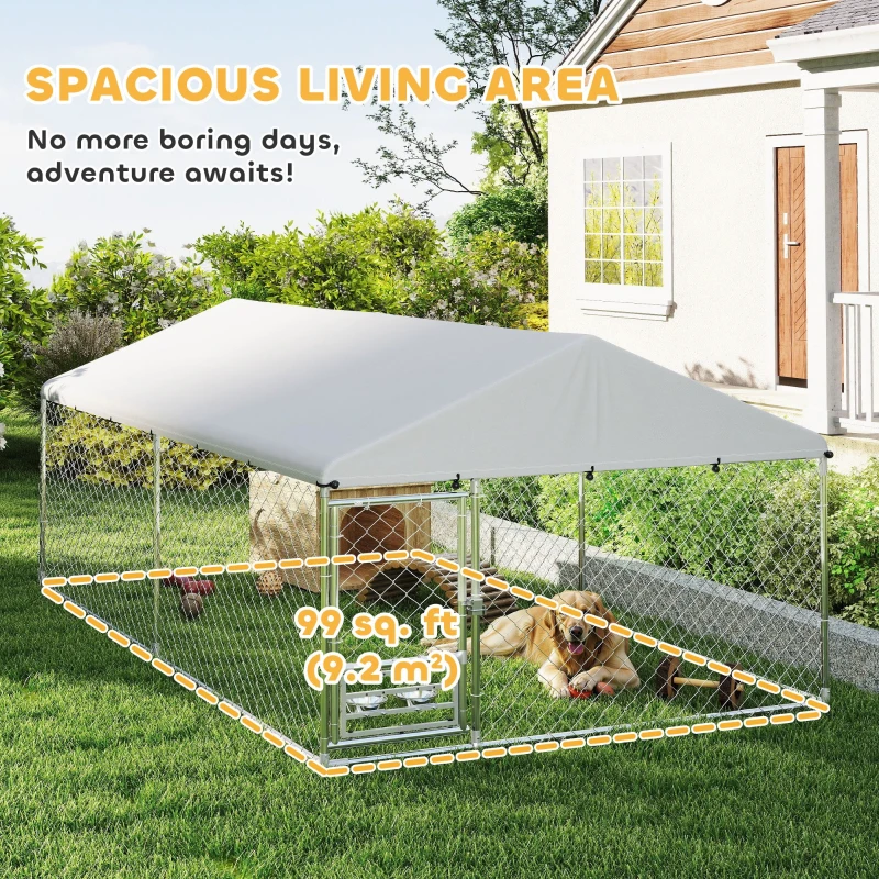 PawHut Outdoor Dog Run w/ Adjustable & Rotating Bowls, Waterproof UV-Resistant Cover, Secure Lock, 13.1' x 7.5' x 5.2'