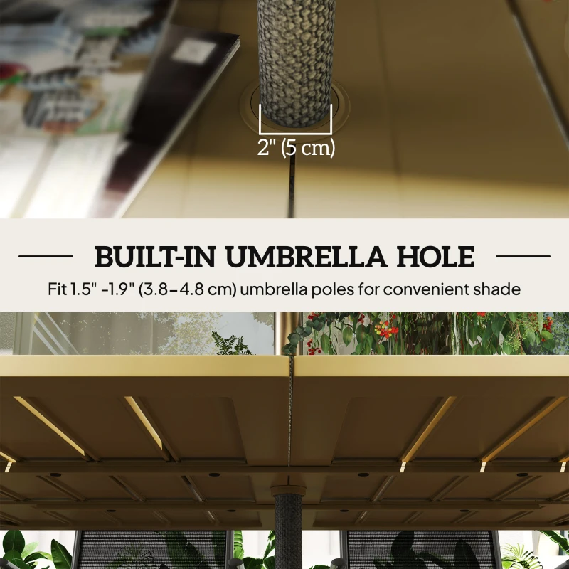 Outsunny 59" Outdoor Patio Table with Umbrella Hole, Outdoor Dining Table with Slatted Tabletop for Backyard Garden, Brown