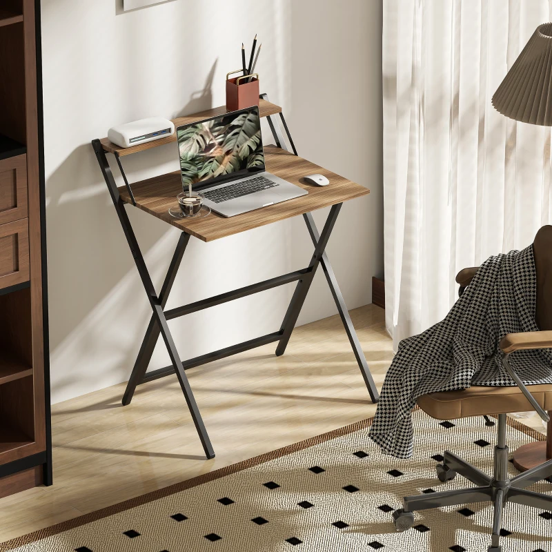 HOMCOM Folding Computer Desk, 27.6" Foldable Desk with Monitor Shelf for Small Space, Home Office, Study, Easy Assembly, Walnut