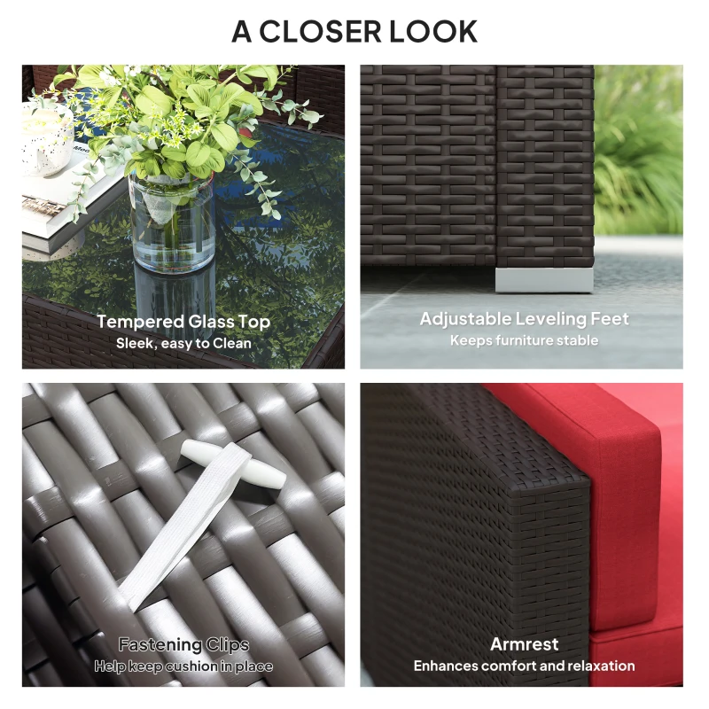 Outsunny 7 Pieces Garden Wicker Sectional Set,  Patio Wicker Sectional Conversation Sofa Set, Wine Red