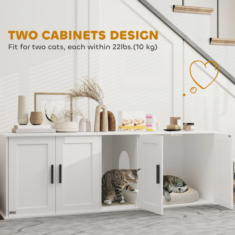 PawHut Cat Litter Box Enclosure with Double Room, Scratching Board for 2 Cats, 57" x 19" x 20", White