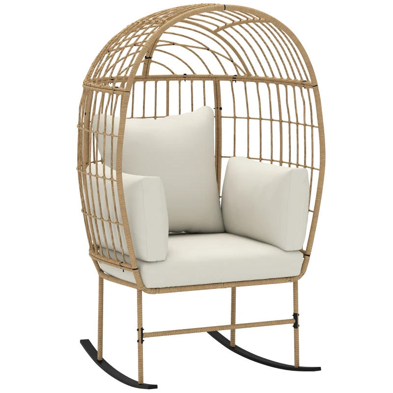 Outsunny Oversized Rocking Chair, Indoor Outdoor Egg Chair w/ Thickened Cushions, Wicker Patio Lounger for Porch, Balcony, Beige