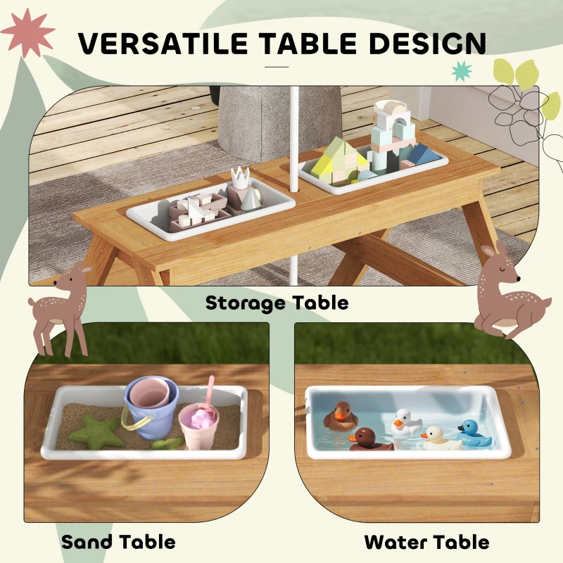 Qaba Wooden Outdoor Kids Picnic Table with Removable Umbrella, Children Sand and Water Activity Table for Patio, Mixed Color